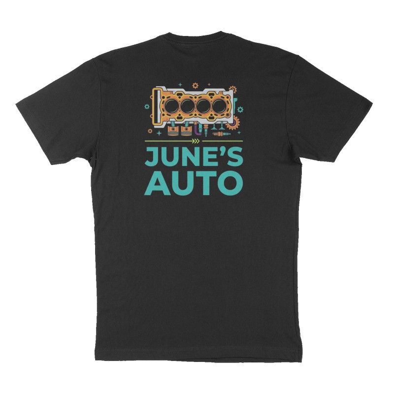 Custom t-shirt: "June’s Auto", Back print, black shirt