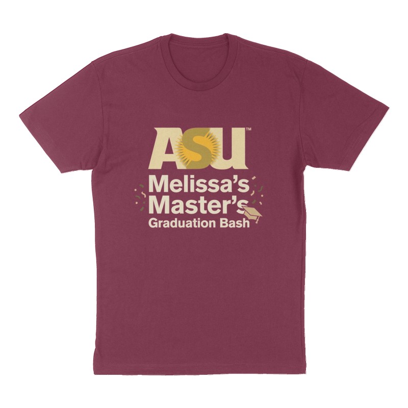 Custom t-shirt: "Melissa's Master's Graduation Bash", Front print, maroon shirt