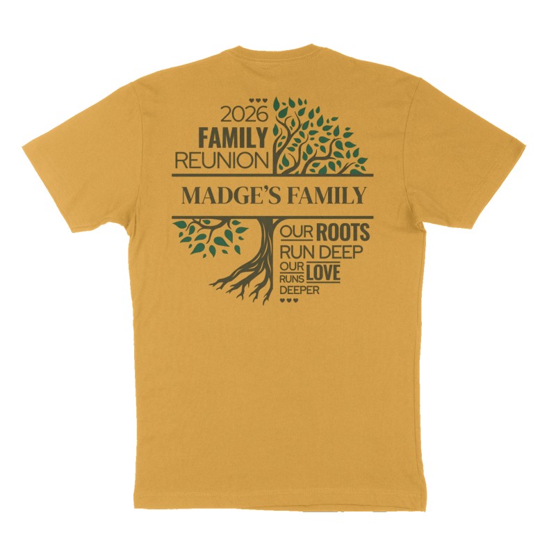 Custom t-shirt design, Back print, mustard-yellow shirt