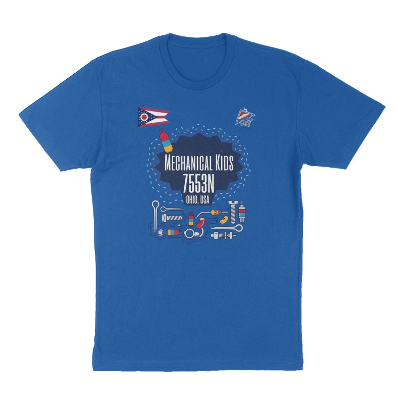 Custom t-shirt: "Mechanical kids", Front print, royal-blue shirt