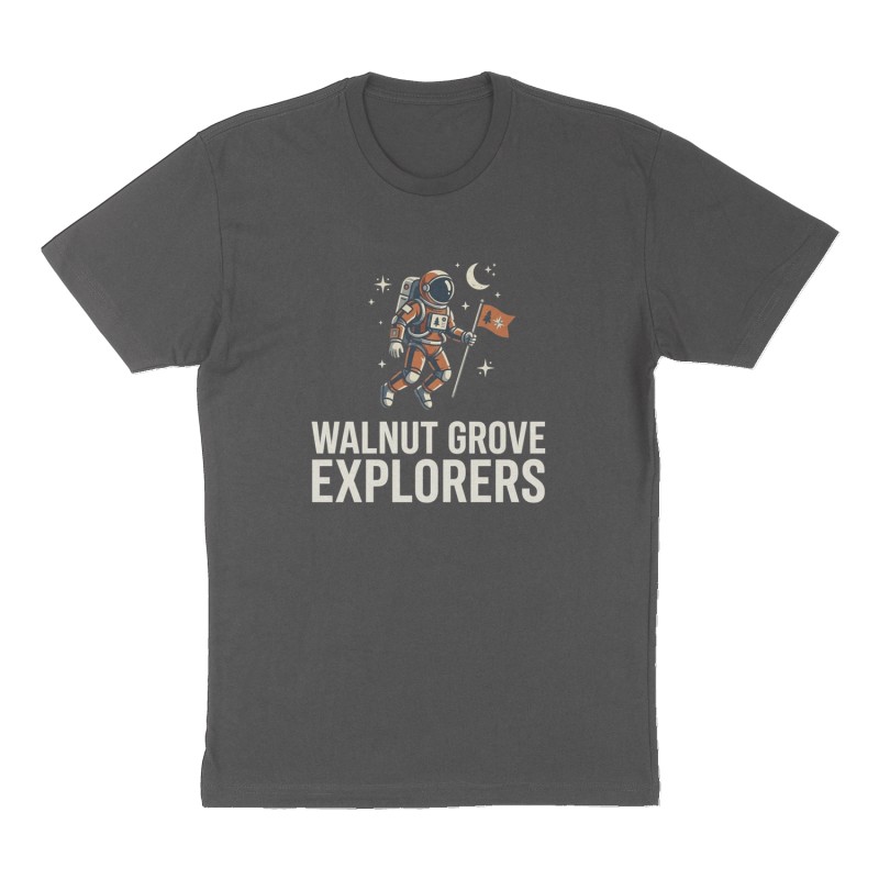 Custom t-shirt: "Walnut Grove Explorers", Front print, charcoal shirt