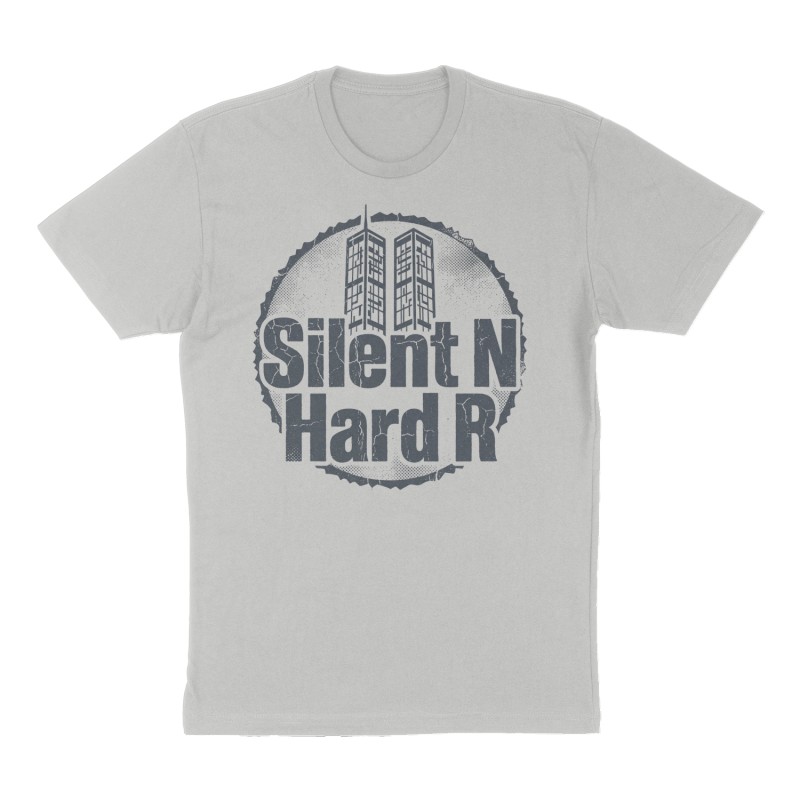 Custom t-shirt: "Silent N Hard R", Front print, heather-gray shirt