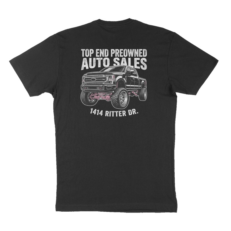 Custom t-shirt: "Top End Preowned Auto Sales", Back print, black shirt