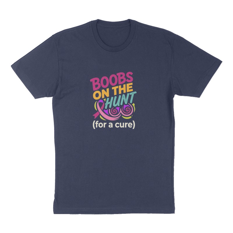 Custom t-shirt: "Boobs on the Hunt (for a cure)", Front print, navy shirt