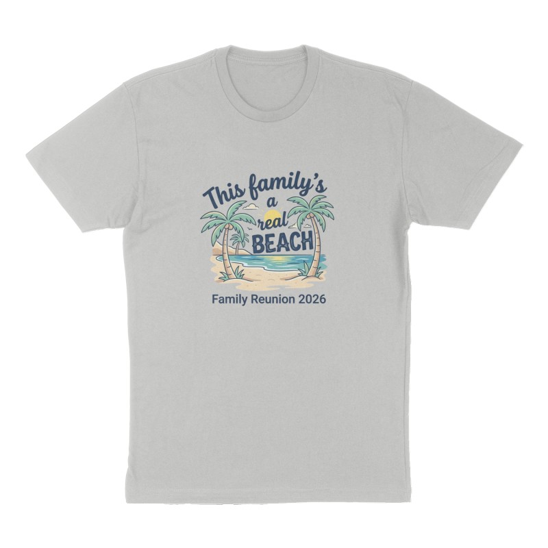 Custom t-shirt: "This family’s a real beach", Front print, heather-gray shirt