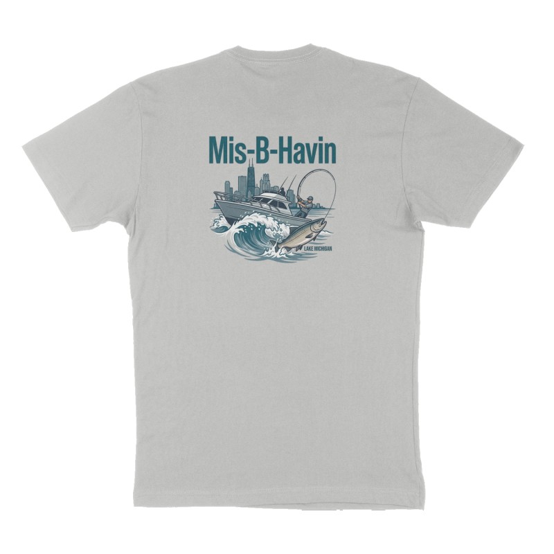 Custom t-shirt: "Mis-B-Havin", Back print, heather-gray shirt