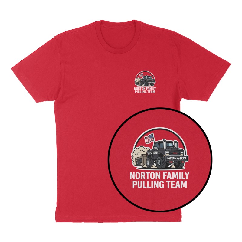Custom t-shirt: "Norton Family Pulling Team", Left Chest print, red shirt