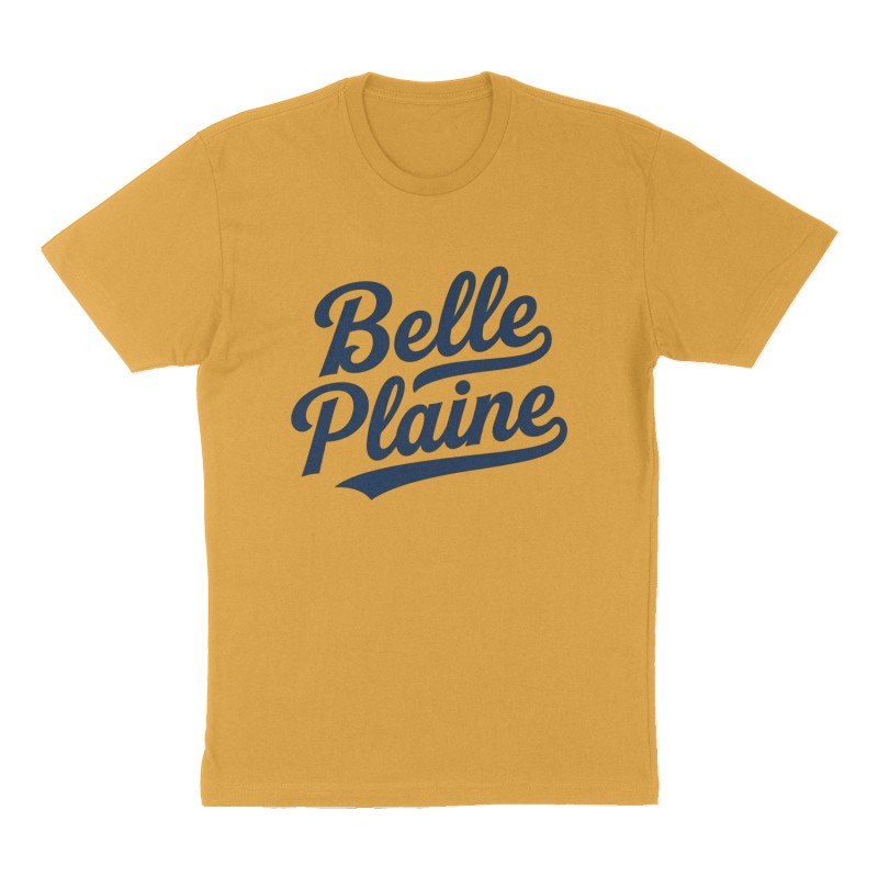 Custom t-shirt: "Belle Plaine", Front print, mustard-yellow shirt