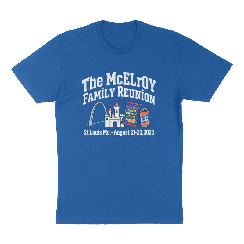 Custom t-shirt: "The McElroy Family Reunion", Front & Back print, royal-blue shirt