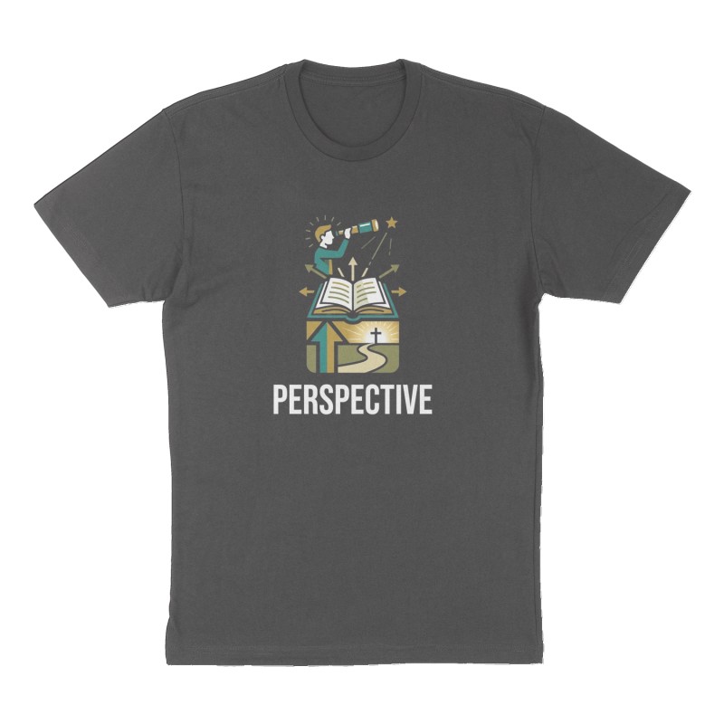 Custom t-shirt: "Perspective", Front print, charcoal shirt