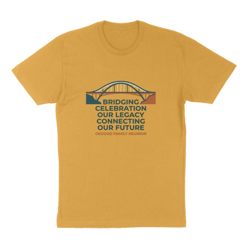 Custom t-shirt: "Bridging celebration our legacy connecting our future", Front print, mustard-yellow shirt