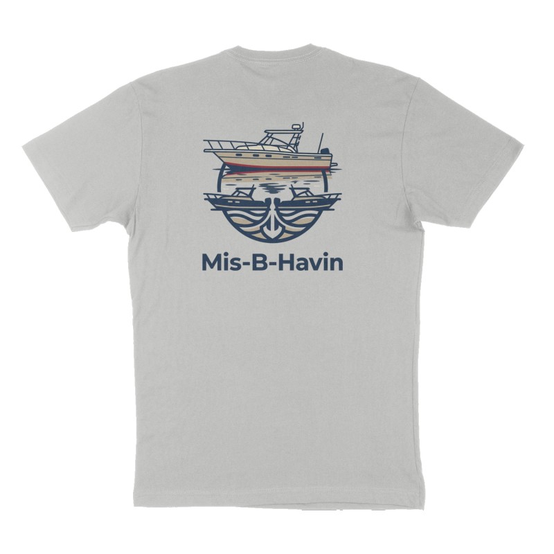 Custom t-shirt: "Mis-B-Havin", Back print, heather-gray shirt
