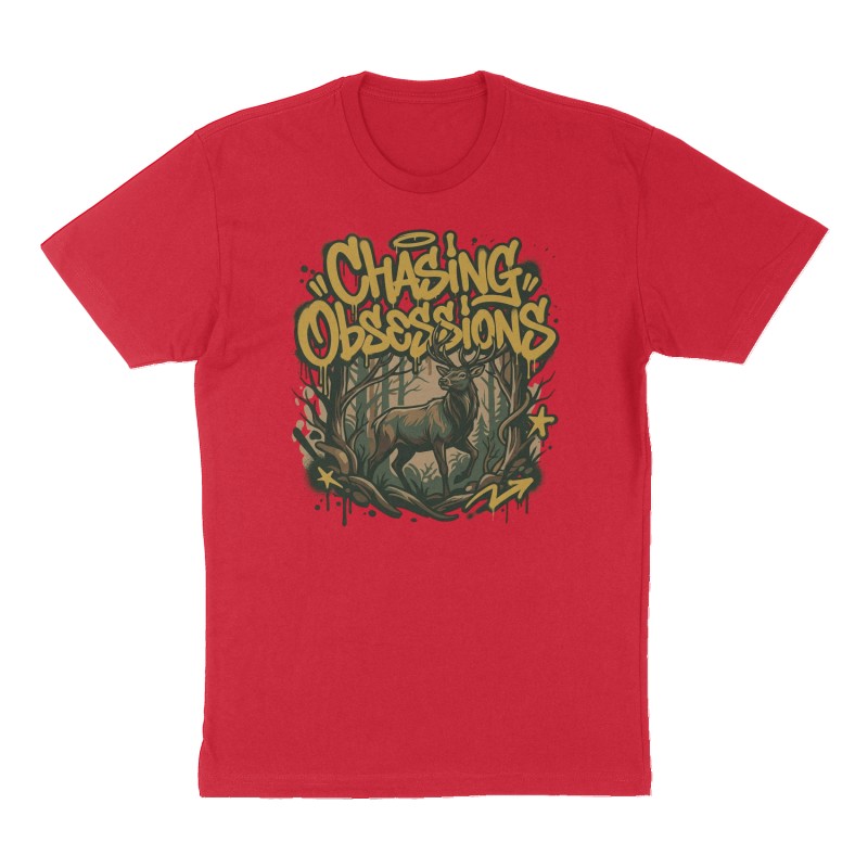 Custom t-shirt: "Chasing Obsessions ", Front print, red shirt