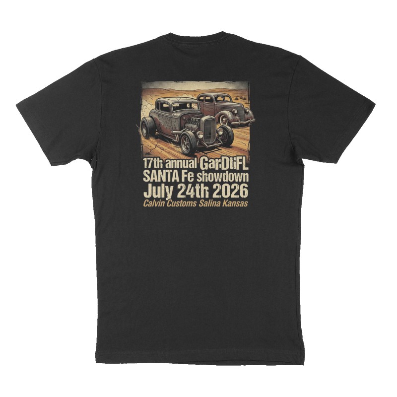 Custom t-shirt: "17th annual SANTA Fe showdown July 24th 2026", Back print, black shirt