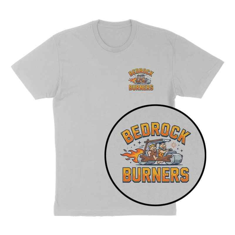 Custom t-shirt: "Bedrock Burners", Left Chest & Back print, heather-gray shirt
