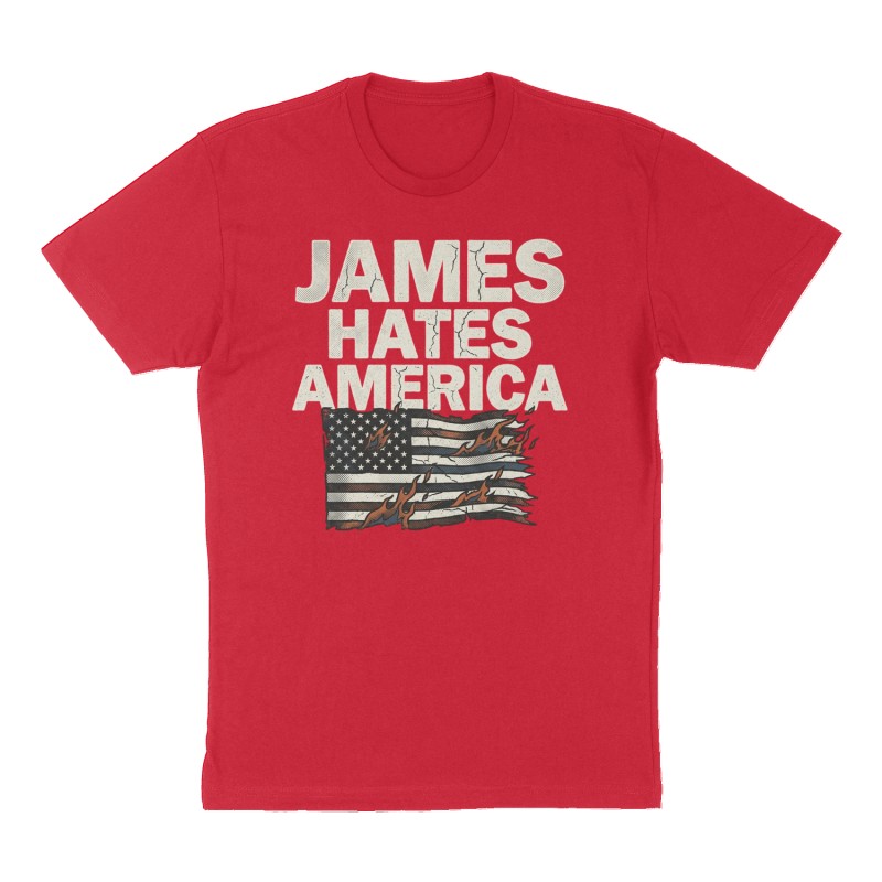 Custom t-shirt: "James hates America ", Front print, red shirt