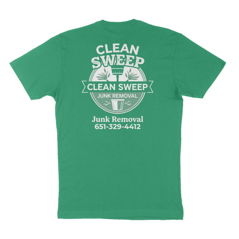 Custom t-shirt: "Clean Sweep Junk Romoval", Back print, green shirt