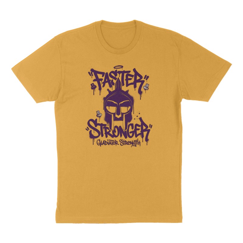 Custom t-shirt: "Faster Stronger", Front print, mustard-yellow shirt