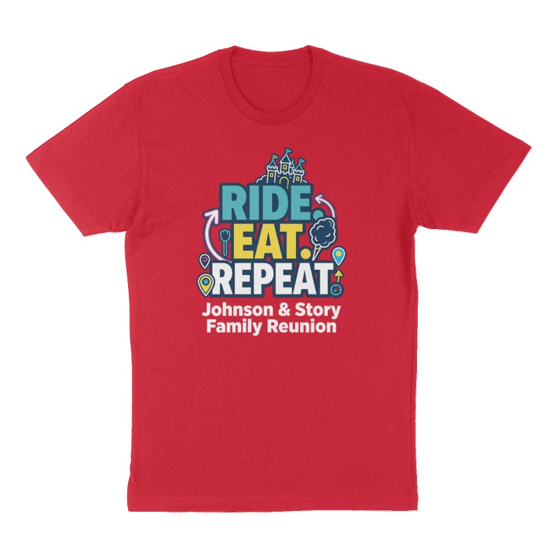 Custom t-shirt: "Ride. Eat. Repeat.", Front print, red shirt