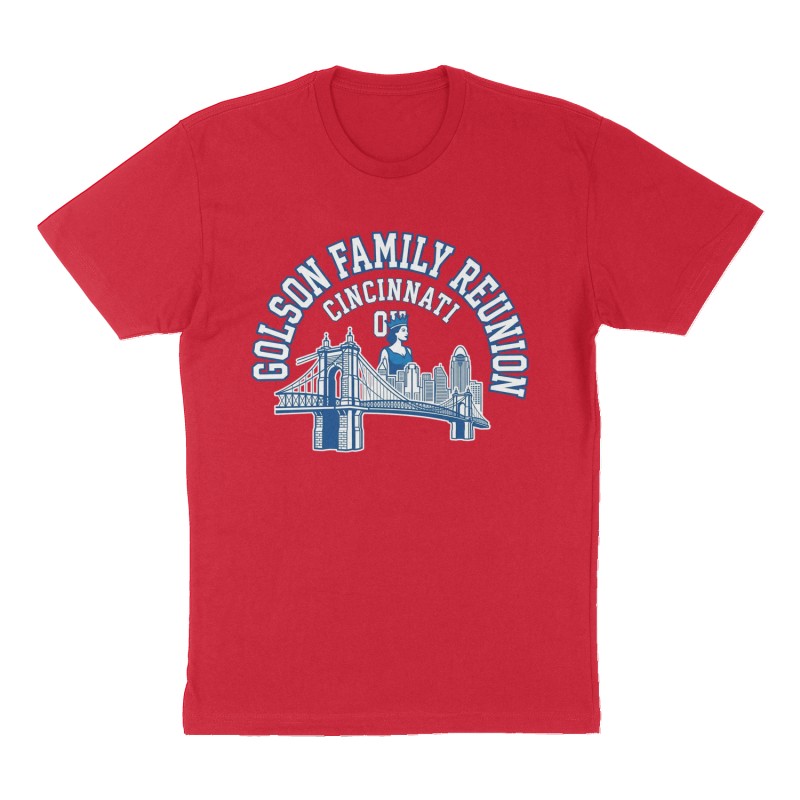 Custom t-shirt: "Golson Family Reunion Cincinnati OH", Front print, red shirt