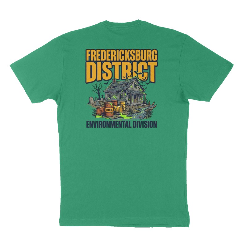 Custom t-shirt: "Fredericksburg District", Back print, green shirt