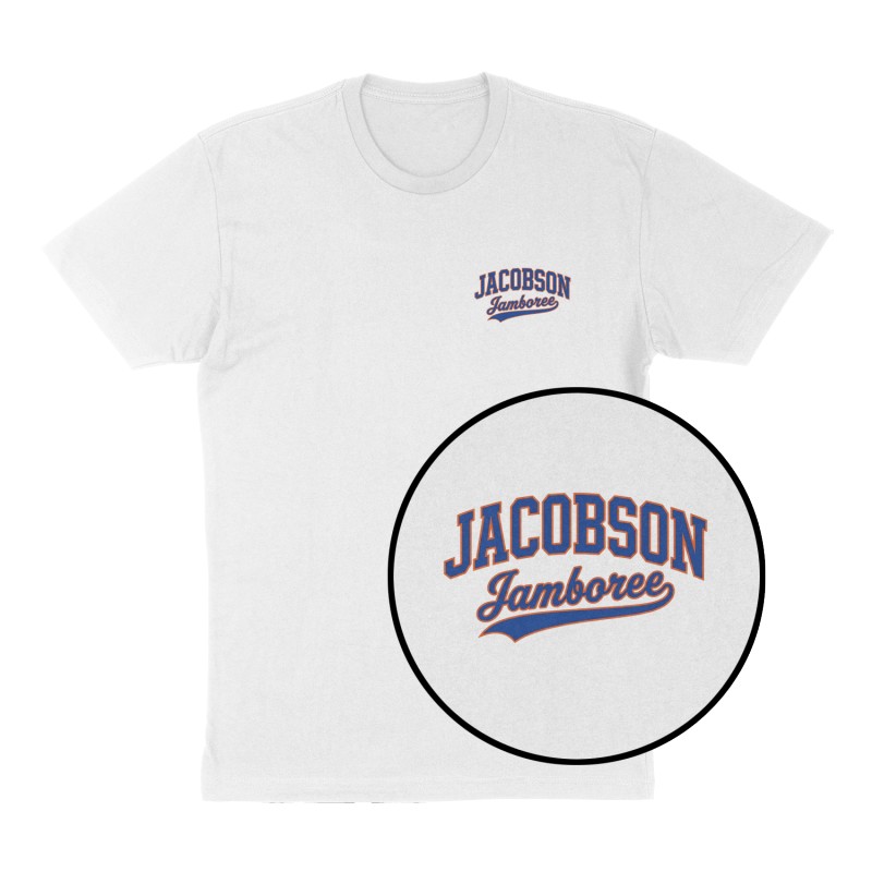 Custom t-shirt: "Jacobson Jamboree", Left Chest print, white shirt