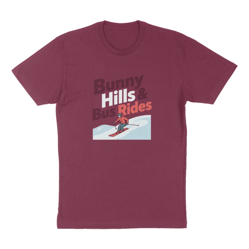 Custom t-shirt: "Bunny Hills & Bus Rides", Front print, maroon shirt