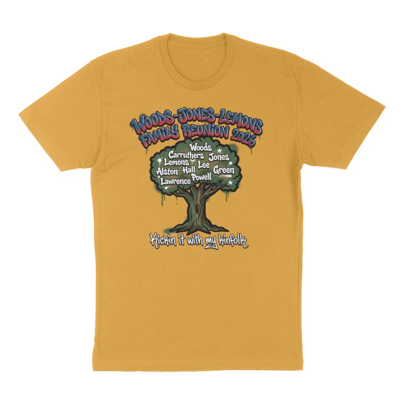 Custom t-shirt: "WOODS-JONES-LEMONS FAMILY REUNION 2026", Front print, mustard-yellow shirt