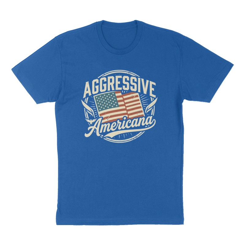 Custom t-shirt: "Aggressive Americana", Front print, royal-blue shirt