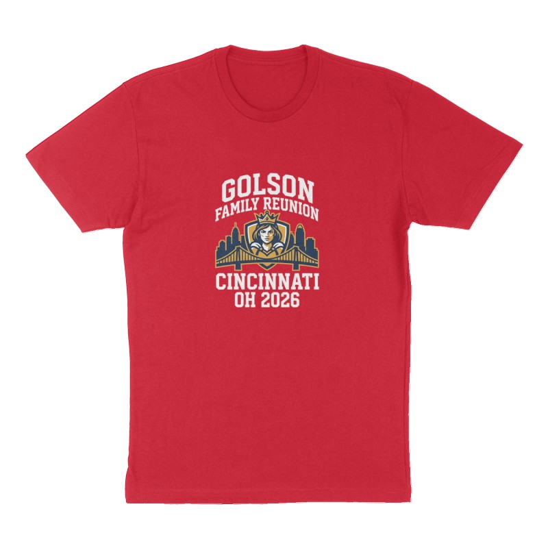 Custom t-shirt: "Golson Family Reunion Cincinnati OH 2026", Front print, red shirt