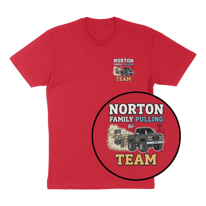 Custom t-shirt: "Norton Family Pulling Team", Left Chest print, red shirt