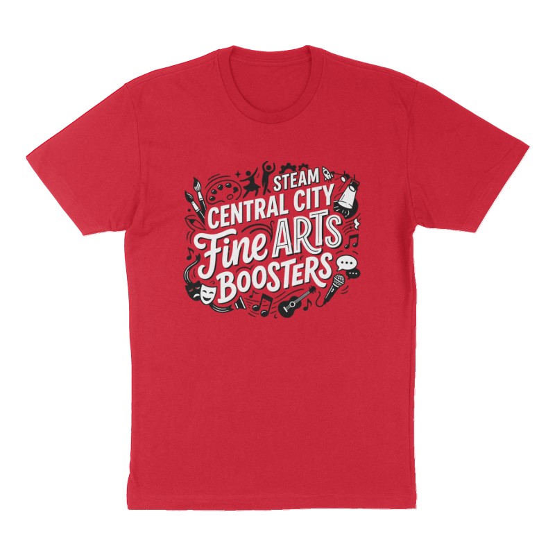 Custom t-shirt: "Central City Fine Arts Boosters", Front print, red shirt