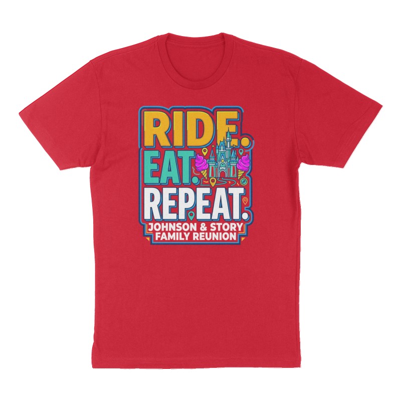 Custom t-shirt: "Ride. Eat. Repeat.", Front print, red shirt