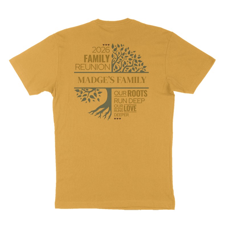 Custom t-shirt design, Back print, mustard-yellow shirt