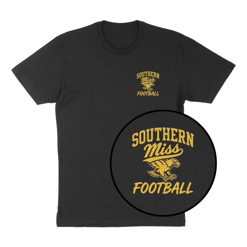 Custom t-shirt: "Southern Miss Football", Left Chest print, black shirt