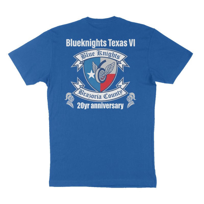 Custom t-shirt: "Blueknights Texas VI 20yr anniversary ", Back print, royal-blue shirt