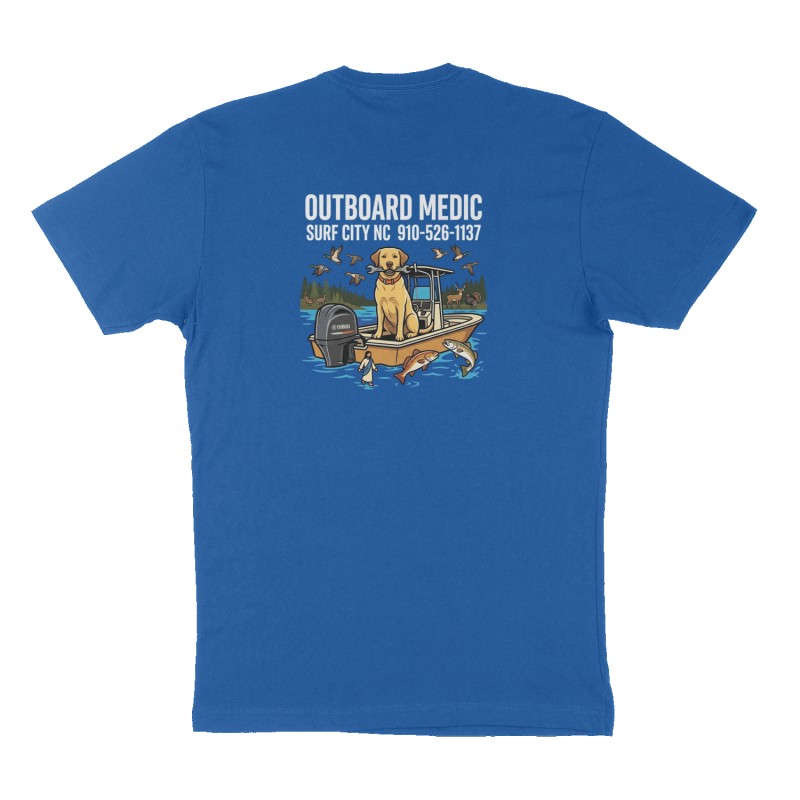 Custom t-shirt: "OUTBOARD MEDIC ", Back print, royal-blue shirt