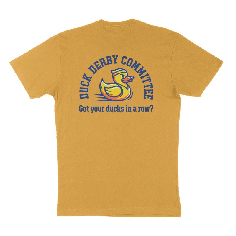 Custom t-shirt: "Duck Derby Committee", Back print, mustard-yellow shirt