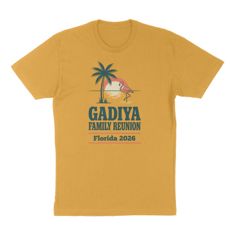 Custom t-shirt: "Gadiya Family Reunion", mustard-yellow shirt