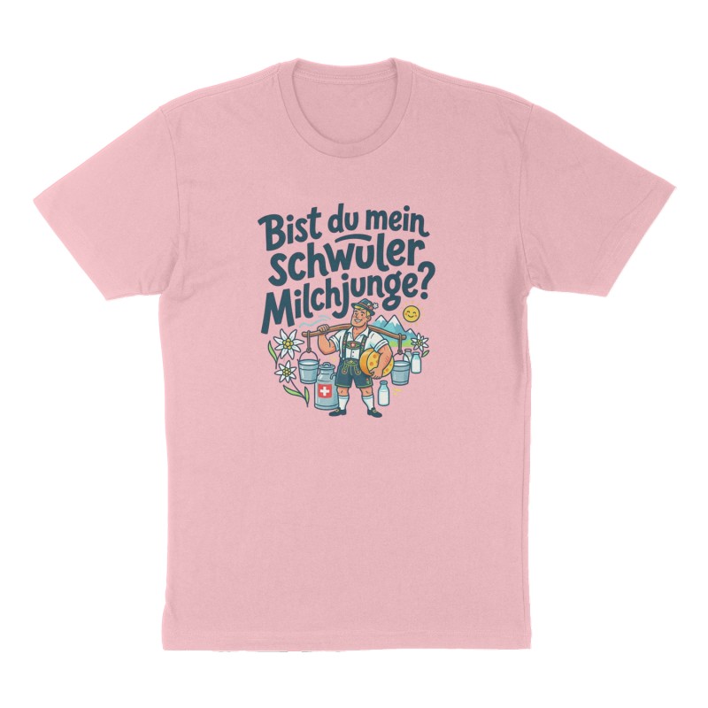 Custom t-shirt: "Bist du mein schwuler Milchjunge?", Front print, pink shirt