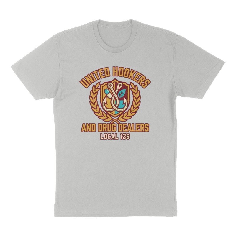 Custom t-shirt: "United Hookers and Drug Dealers Local 136", Front print, heather-gray shirt