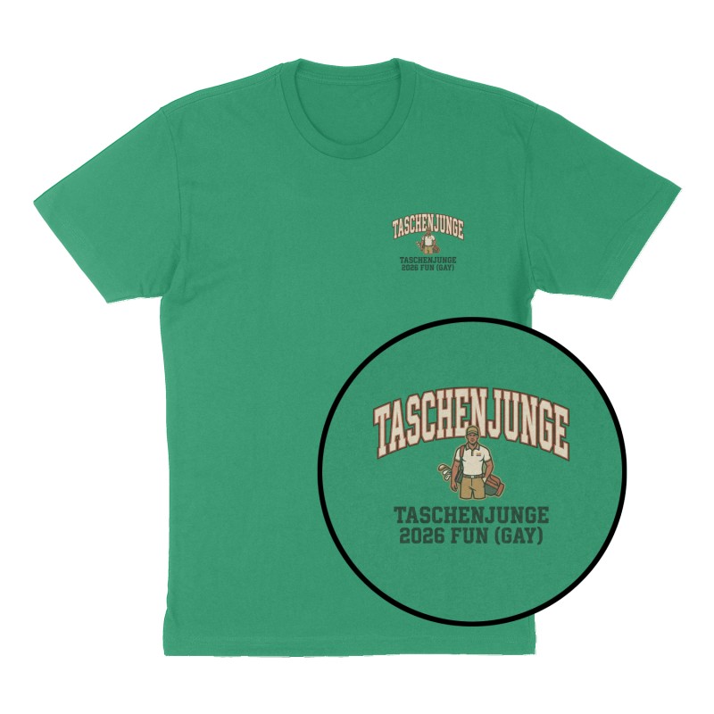 Custom t-shirt: "Taschenjunge", Left Chest print, green shirt
