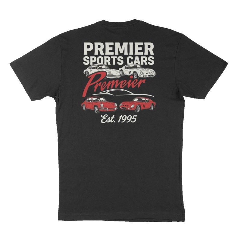 Custom t-shirt: "Premier Sports Cars", Back print, black shirt