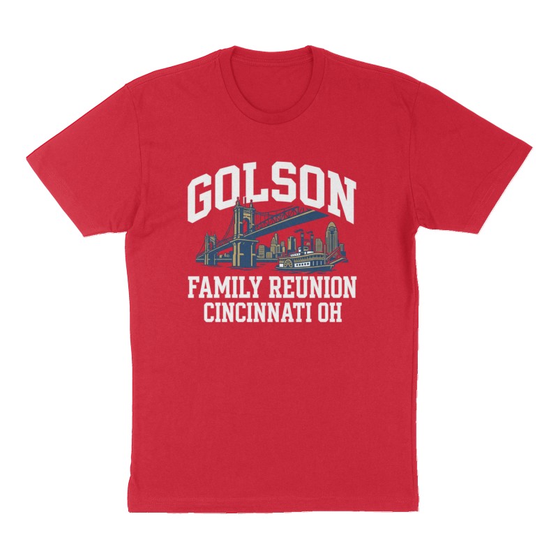 Custom t-shirt: "Golson Family Reunion Cincinnati OH", Front print, red shirt