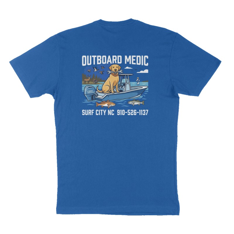 Custom t-shirt: "OUTBOARD MEDIC ", Back print, royal-blue shirt