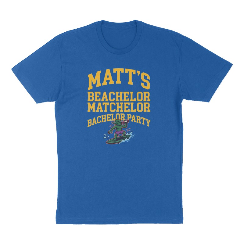 Custom t-shirt: "Matt’s Beachelor Matchelor Bachelor Party", Front print, royal-blue shirt