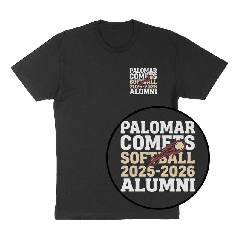 Custom t-shirt: "Palomar Comets Softball 2025-2026 Alumni", Left Chest print, black shirt