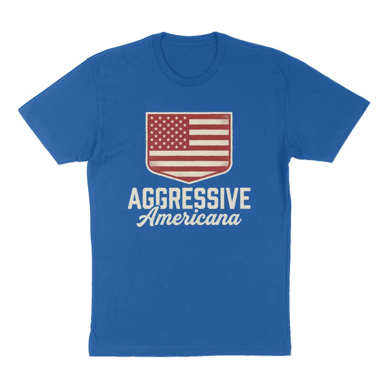 Custom t-shirt: "Aggressive Americana", Front print, royal-blue shirt