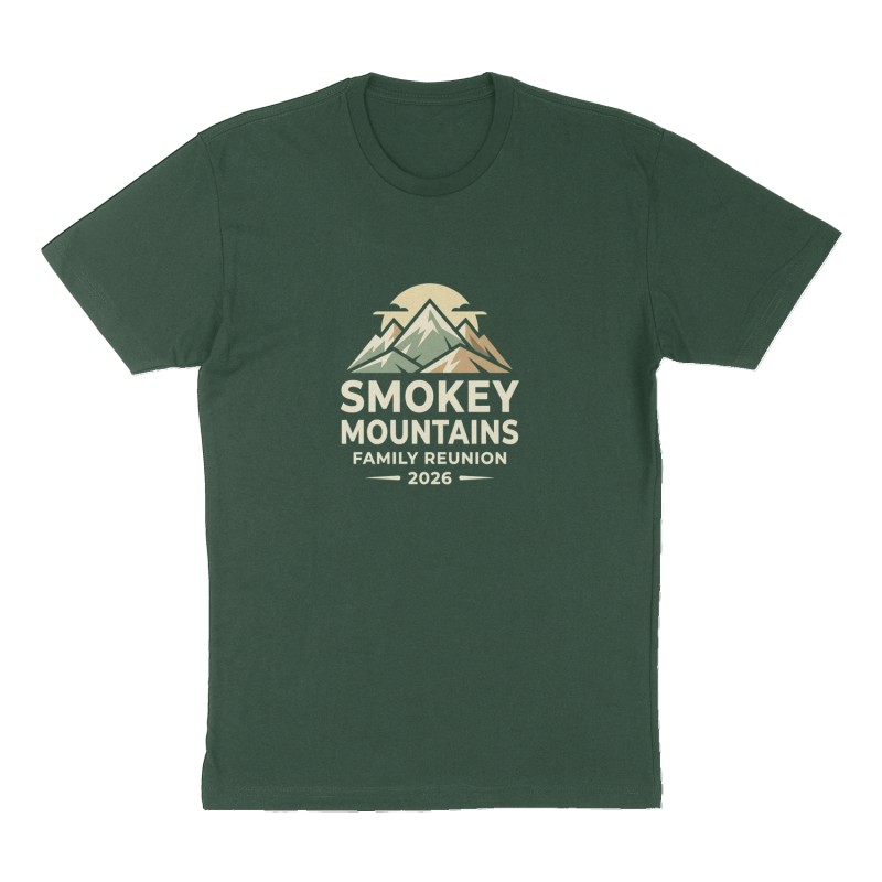 Custom t-shirt: "Smokey mountains family reunion 2026", Front print, forest-green shirt