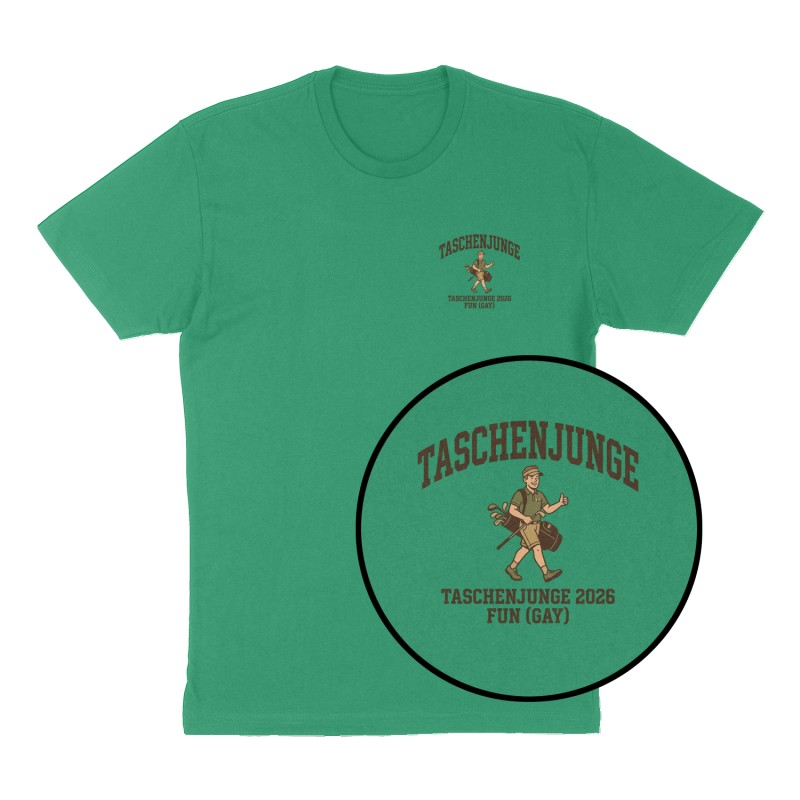 Custom t-shirt: "Taschenjunge", Left Chest print, green shirt